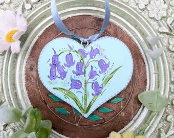 Hand-Painted Bluebell mini Heart decoration, Bluebell gift