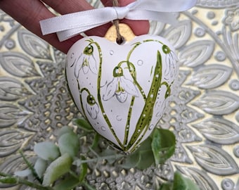 Hand-Painted Snowdrop Ceramic Heart decoration, Snowdrop Spring decoration