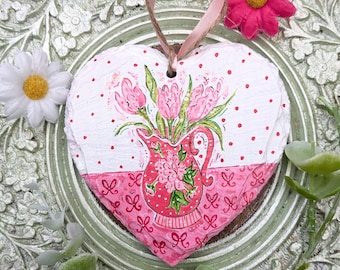 Hand-Painted Tulips Slate Heart Ornament, Personalised Gift