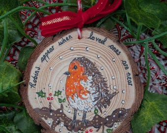 Hand-Painted Robin Wood Slice Christmas Decoration, Memorial Keepsake