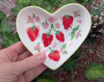 Hand-Painted Strawberry Heart Trinket Dish: Ceramic Ring/Jewellery Holder, Gifts for her