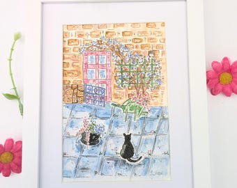 Black Cat Watercolour Painting: Mediterranean Garden Art, Cat Lover Gift