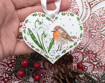 Hand-Painted Robin and Snowdrop Wood Heart Christmas Decoration