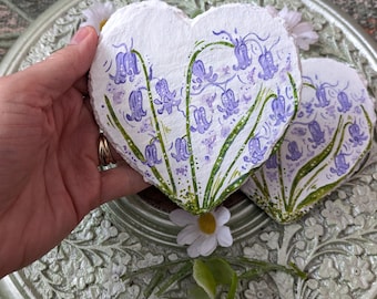 Hand-Painted Bluebell Slate Heart Coaster: Floral Birthday Gift