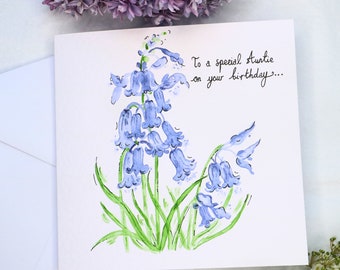 Bluebell hand-painted personalised birthday card, Bluebell Mum Grandma Nana Wife Daughter Auntie Friend card, 50th 60th, 70th, 80th card