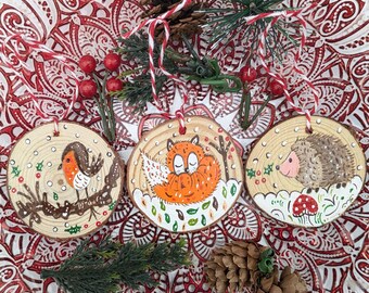 Hand-Painted Woodland Animal Christmas log slice, Wood Slice Set of 3