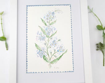 Hand-Painted Forget Me Not original Watercolour Painting - Framed Floral Art