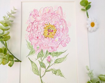 Original Pink Peony Watercolour Painting: Signed Floral Wall Art