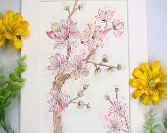 Signed Cherry Blossom Watercolour Painting: Pearlised Floral Wall Art