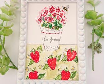 Strawberry and Geranium original hand-painted Watercolour Painting: Framed Cottage Art