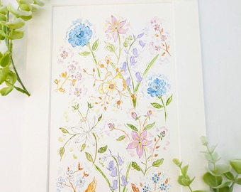 Original Floral Watercolour Painting: Signed Cottage Garden Art