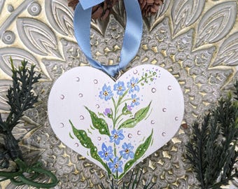 Hand-Painted Forget Me Not Wooden Heart Decoration, Keepsake Gift