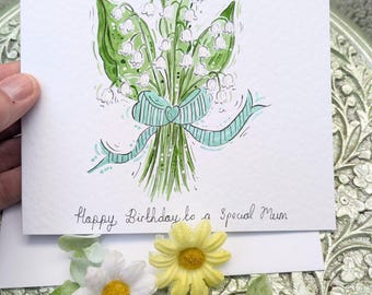 Hand-Painted Lily of the Valley Watercolour Card: Personalised Birthday Greeting (May Birth Flower)