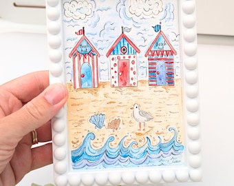 Framed Beach Hut Watercolour Painting: Original Nautical Art