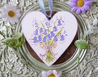 Bluebell hand-painted heart decoration, Bluebell personalised gift