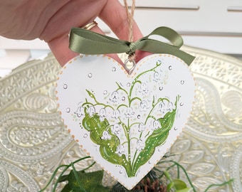 Lily of the Valley Heart hand-painted decoration: Personalised hand-painted wooden ornament, May birth flower gift