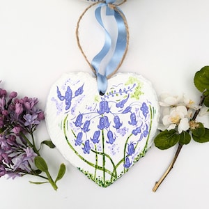 Bluebell hand-painted slate heart ornament, Bluebell personalised gift, 40th 50th 60th gift, 70th 80th 90th gift, Bluebell keepsake
