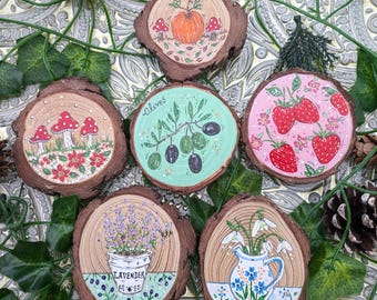 Log slice hand-painted magnets, Refrigerator magnets, kitchen decor, stocking fillers