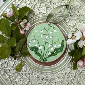 Hand-Painted Lily of the Valley Wood Slice Ornament, Personalised Keepsake Gift image 3