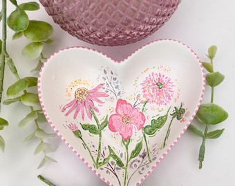 Hand-Painted Floral Heart ceramic Trinket Dish, Pink Daisies & Dahlias ring dish
