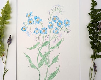 Forget Me Not hand-painted original Watercolour Painting, Botanical Wall Art