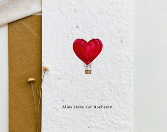 Einpflanzbare Hochzeitskarte | Glückwunschkarte zur Hochzeit | Samenkarte | Heißluftballon Herz | Minimalistisch | Nachhaltig | Liebe