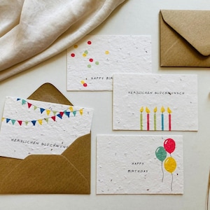 Einpflanzbares Mini-Kartenset aus Saatpapier | Vier Geburtstagskarten | Handgemacht | Minimalistisch | Nachhaltig | Geschenk