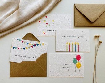 Einpflanzbares Mini-Kartenset aus Saatpapier | Vier Geburtstagskarten | Handgemacht | Minimalistisch | Nachhaltig | Geschenk