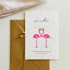 Gleichgeschlechtliche Hochzeitseinladung mit zwei Flamingos für Frau und Frau