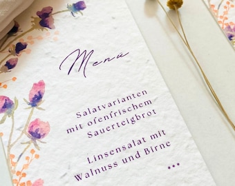 Einpflanzbare Menükarte | Muster | lila Wildblumen | Boho | Hochzeit | Samenkarte | Minimalistisch | Nachhaltig | Elegant | Sommerhochzeit