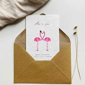 Einpflanzbare Hochzeitseinladung mit Flamingos