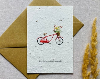 Einpflanzbare Grußkarte | Samenkarte | Minimalistisch | Nachhaltig | Geburtstag | Fahrrad | Blumen