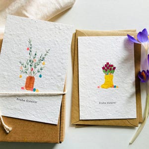 Einpflanzbares Kartenset Ostern | Zwei Osterkarten | Handgemacht | Minimalistisch | Nachhaltig | Ostergeschenk | Osterkranz und Osterstrauß