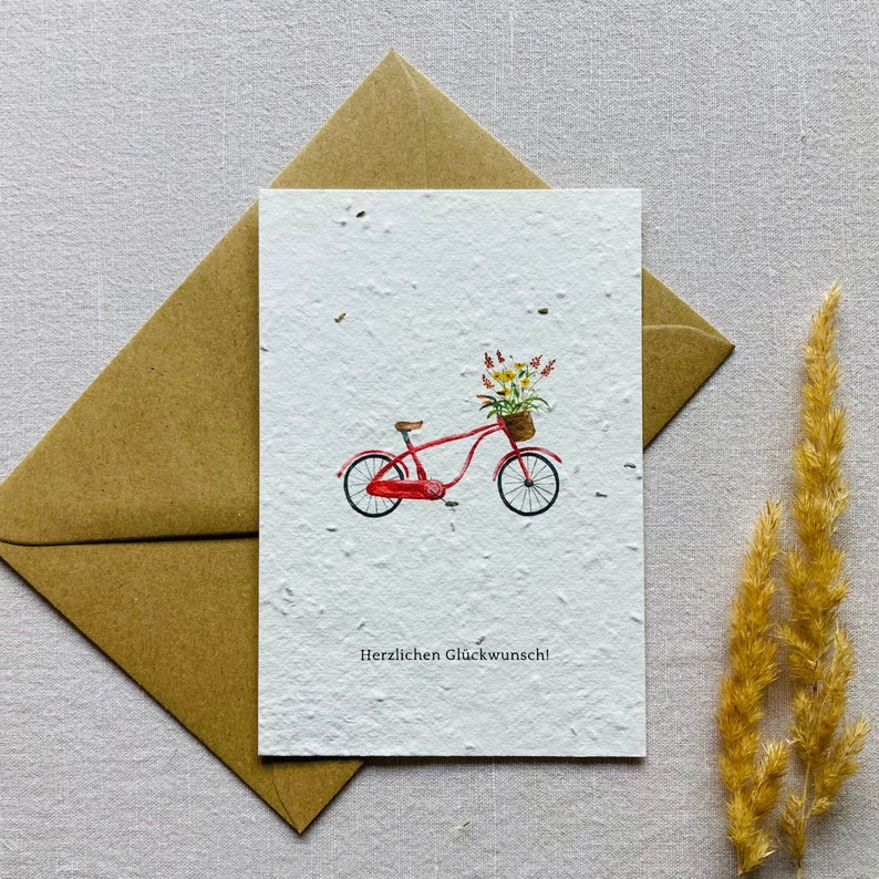 Plantable greeting card Seed card Minimalist Sustainable birthday Bicycle Flowers image 1