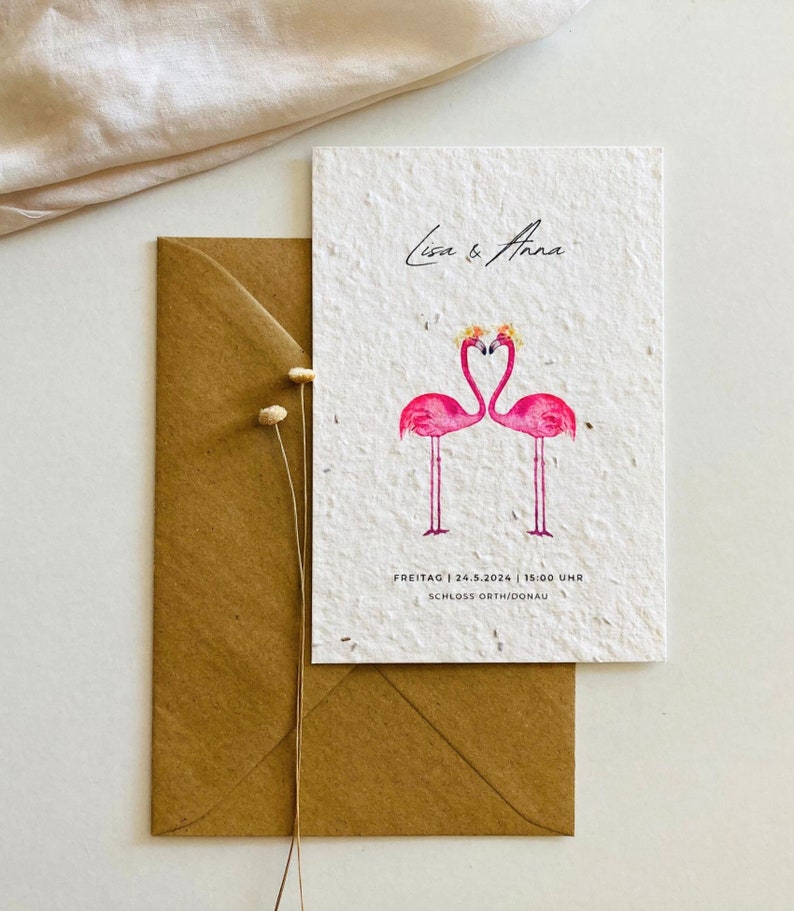 Gleichgeschlechtliche Hochzeitseinladung mit zwei Flamingos für Frau und Frau
