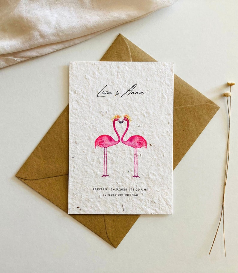 Einpflanzbare Hochzeitseinladung Gleichgeschlechtlich Gay Frau und Frau Einladungskarte zur Hochzeit Hochzeitskarte Flamingos Bild 2