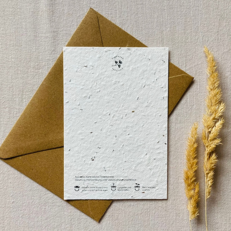 K&ouml;nnte beinhalten: Eine wei&szlig;e Karte mit braunen Flecken, einem kleinen schwarzen Logo und Anweisungen zum Pflanzen von Wildblumensamen. Der Text lautet "Aus der Karte w&auml;chst F&ouml;rberkamille. Detaillierte Pflanzbeschreibung unter www.blushwood.paperterie.at. Papier in eine Schale legen, Erde und auf die Erde legen, gut giessen und feucht halten, beim keimen zuschauen."