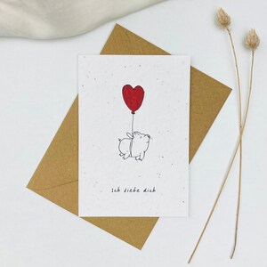 Einpflanzbare Valentinskarte | Ich liebe dich | Minimalistisch | Liebe | Valentinstag | Schwein | Herzluftballon