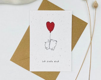 Einpflanzbare Valentinskarte | Ich liebe dich | Minimalistisch | Liebe | Valentinstag | Schwein | Herzluftballon