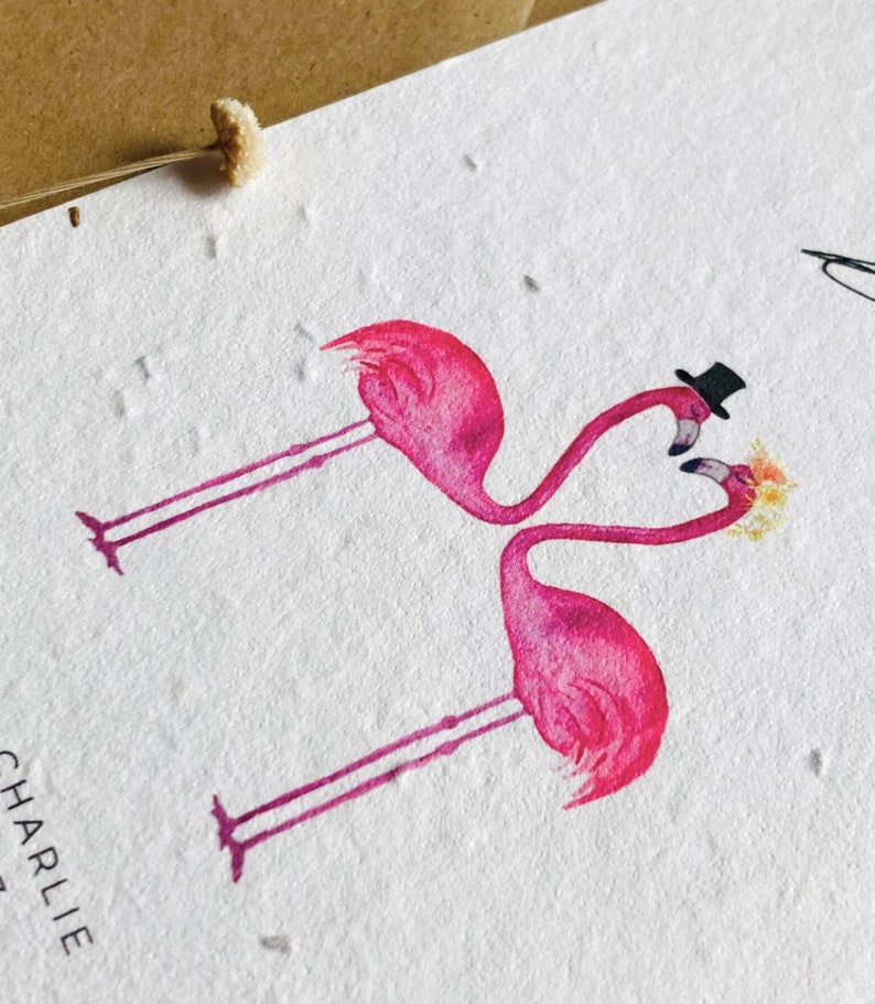 Einpflanzbare Hochzeitseinladung Einladungskarte zur Hochzeit Hochzeitskarte Samenkarte Flamingos Minimalistisch Nachhaltig Bild 2