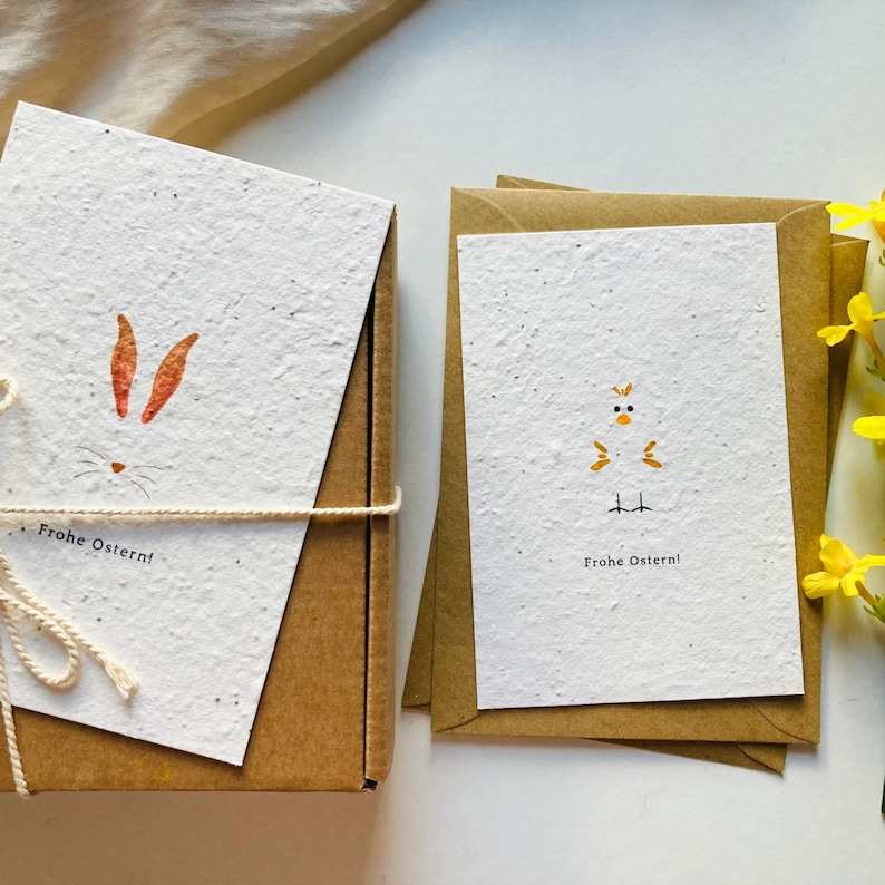 Einpflanzbares Kartenset Ostern Zwei Osterkarten Samenkarte Handgemacht Karten Ostern Minimalistisch Nachhaltig Ostergeschenk Bild 1