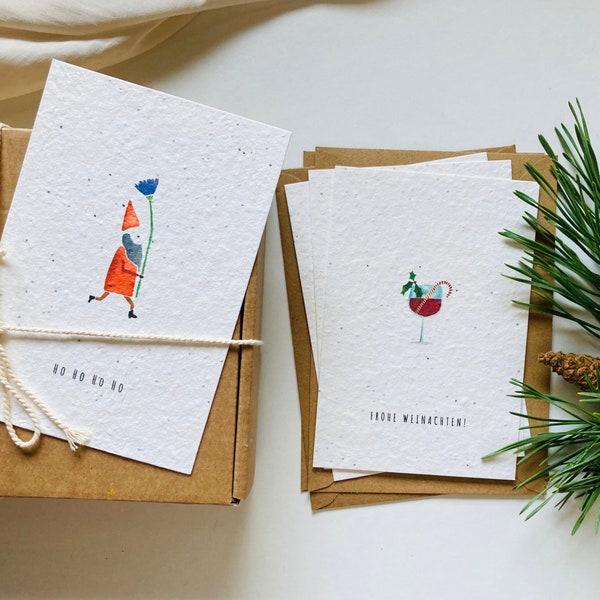 Plantable Christmas card set | Four Christmas cards | Handmade | cards | Cactus | dog | wine | Gnome |Sustainable | Gift