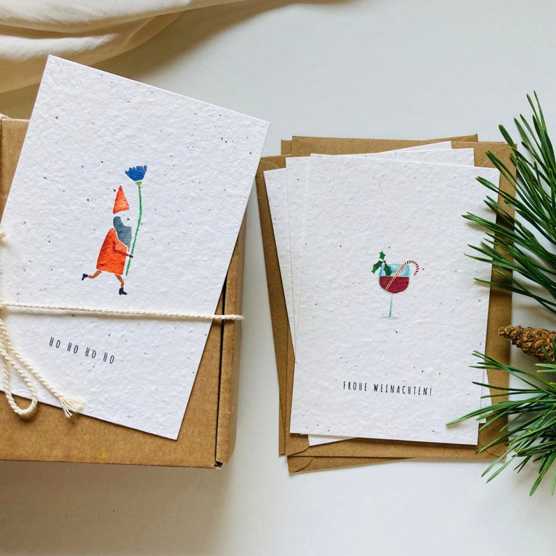 Einpflanzbares Kartenset Weihnachten Vier Weihnachtskarten Handgemacht Karten Kaktus Hund Wein Wichtel Nachhaltig Geschenk Bild 1