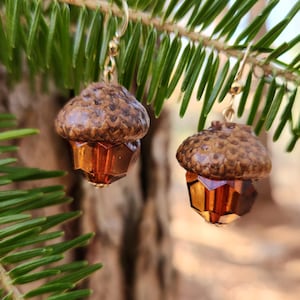 May include: A pair of acorn-shaped earrings with brown and gold accents. The earrings feature a clear, faceted crystal in the center of each acorn.