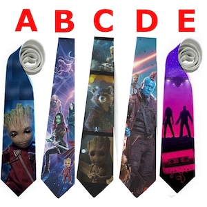 May include: Five neckties with different designs. Tie A features Groot from Guardians of the Galaxy. Tie B has a space scene with Gamora. Tie C shows Rocket and Groot. Tie D has Yondu. Tie E has a purple space scene.
