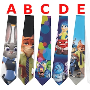 May include: Five neckties with colorful cartoon character designs. The ties feature characters from Zootopia and Inside Out. The ties are in various shades of blue, with white backing. The ties are made of a smooth, likely silk or polyester material.