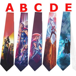 May include: Five neckties with different designs featuring the character Thor. The ties have a variety of backgrounds, including lightning, space, and a rocky landscape. Each tie has a different image of Thor.