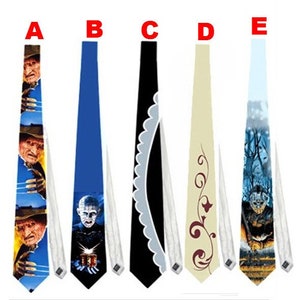 May include: Five novelty neckties with unique designs. Tie A features Freddy Krueger, Tie B has a Hellraiser image, Tie C is black with a scalloped edge, Tie D has a floral pattern, and Tie E depicts Jason Voorhees.