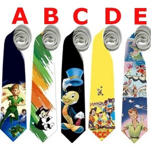 May include: Five colorful neckties with cartoon character designs. The ties feature characters like Peter Pan, Jiminy Cricket, and others. Each tie has a different background color, including navy, green, black, yellow, and a patterned design.