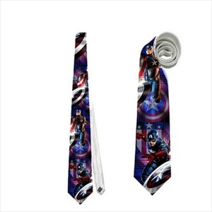 May include: A Captain America themed necktie. The tie features a repeating pattern of Captain America, his shield, and stars on a blue background. The tie is shown both flat and rolled.